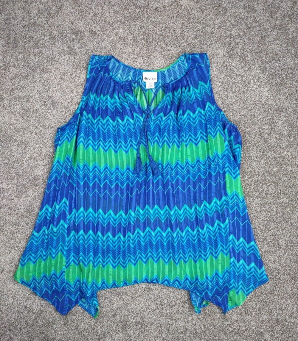 Stylus Top Womens S Blue Green Asymmetrical Sheer Chiffon Tie Front Tassel Fairy